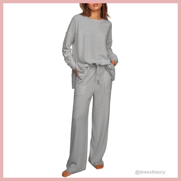 Pants - Women's Micro Fleece Lounge Set Long Sleeve Top Wide Leg Pants